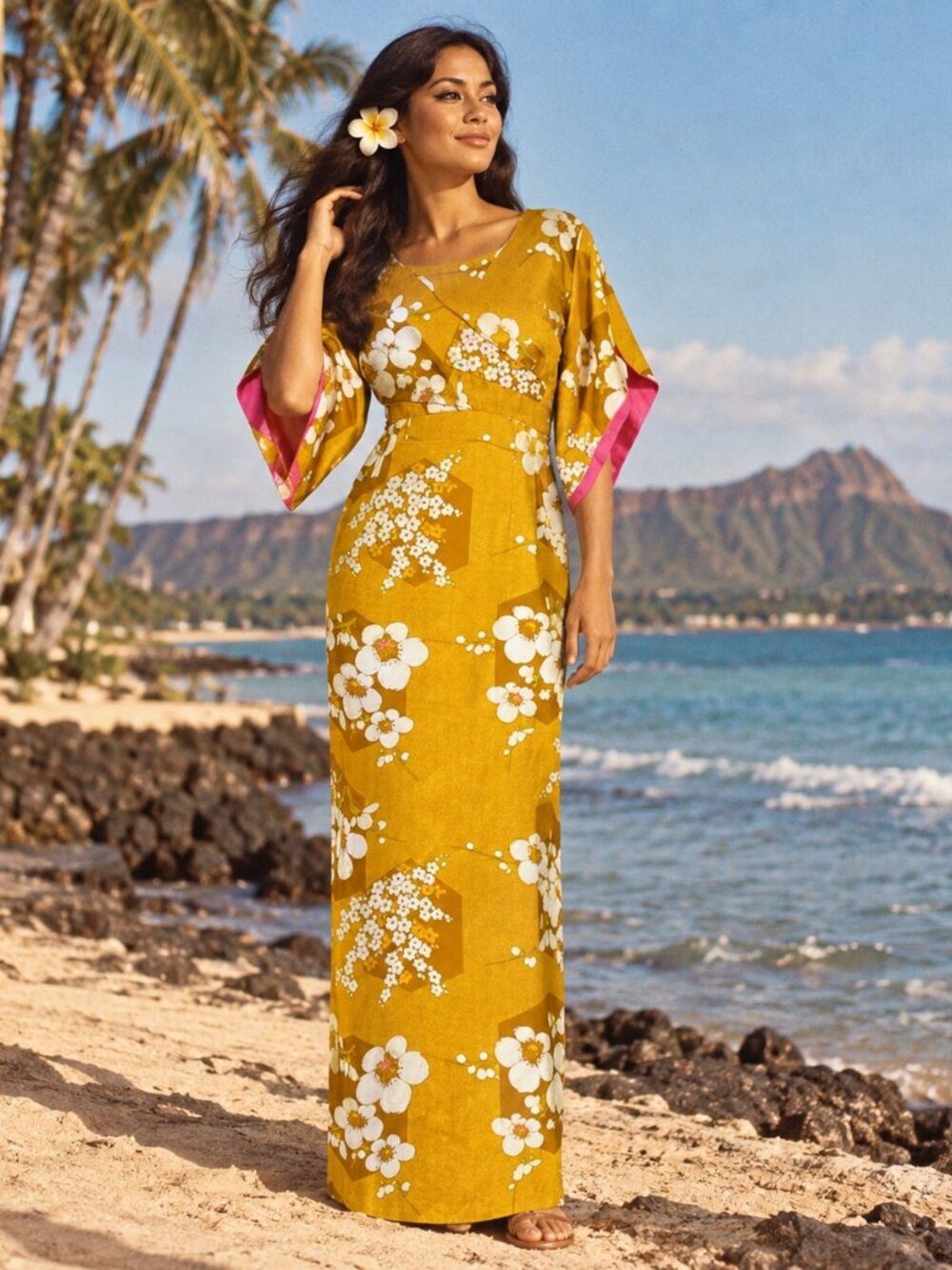 Late 1960s–Early 70s Hawaiian Pake Muʻu Floral Maxi • Pink Lined Kimono Sleeves